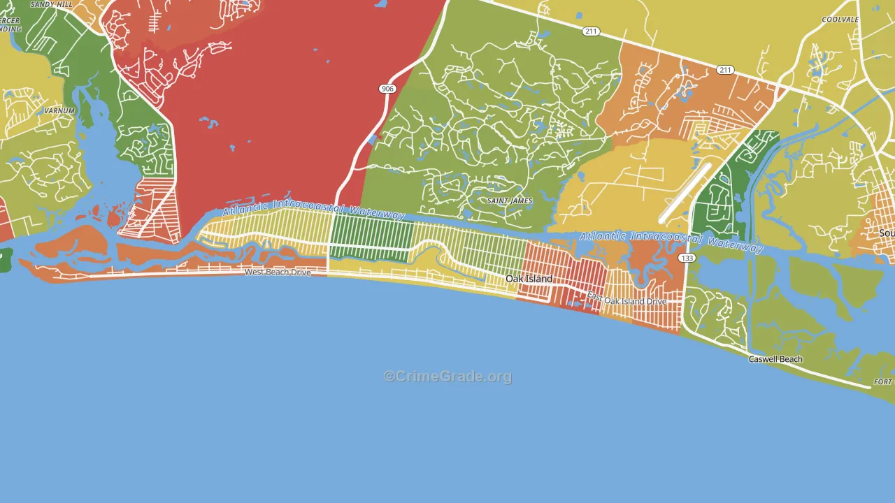 Oak Island, NC Map of Robbery Rates