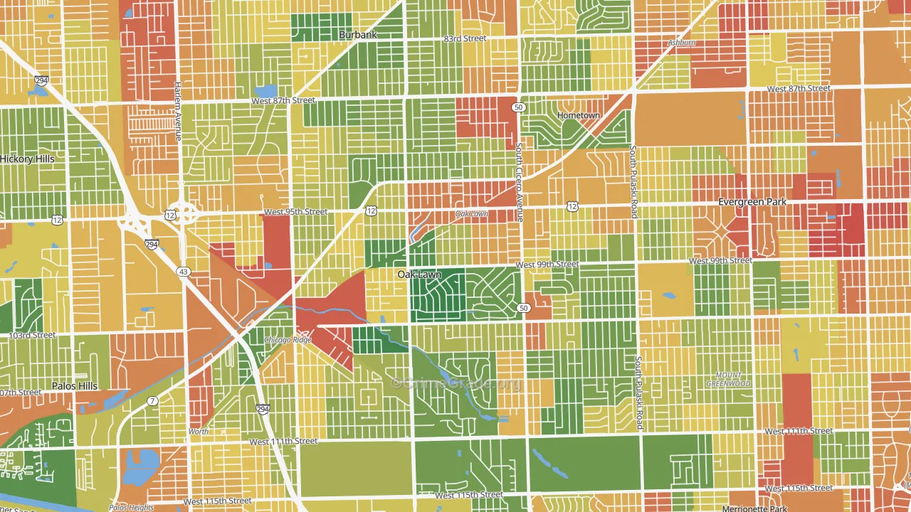 Oak Lawn, IL Map of Robbery Rates