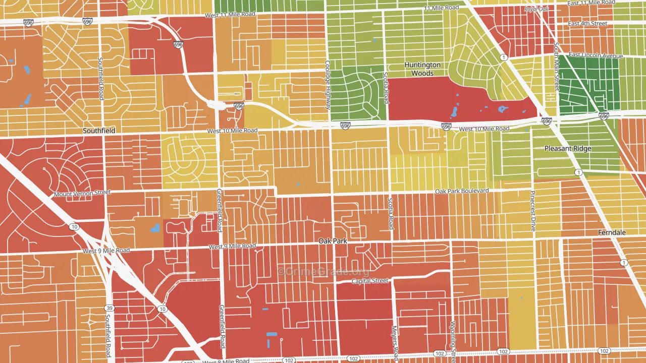 Oak Park, MI Map of Robbery Rates