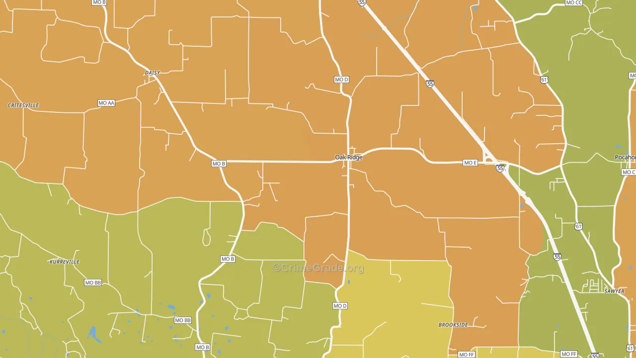 Oak Ridge, MO Map of Robbery Rates