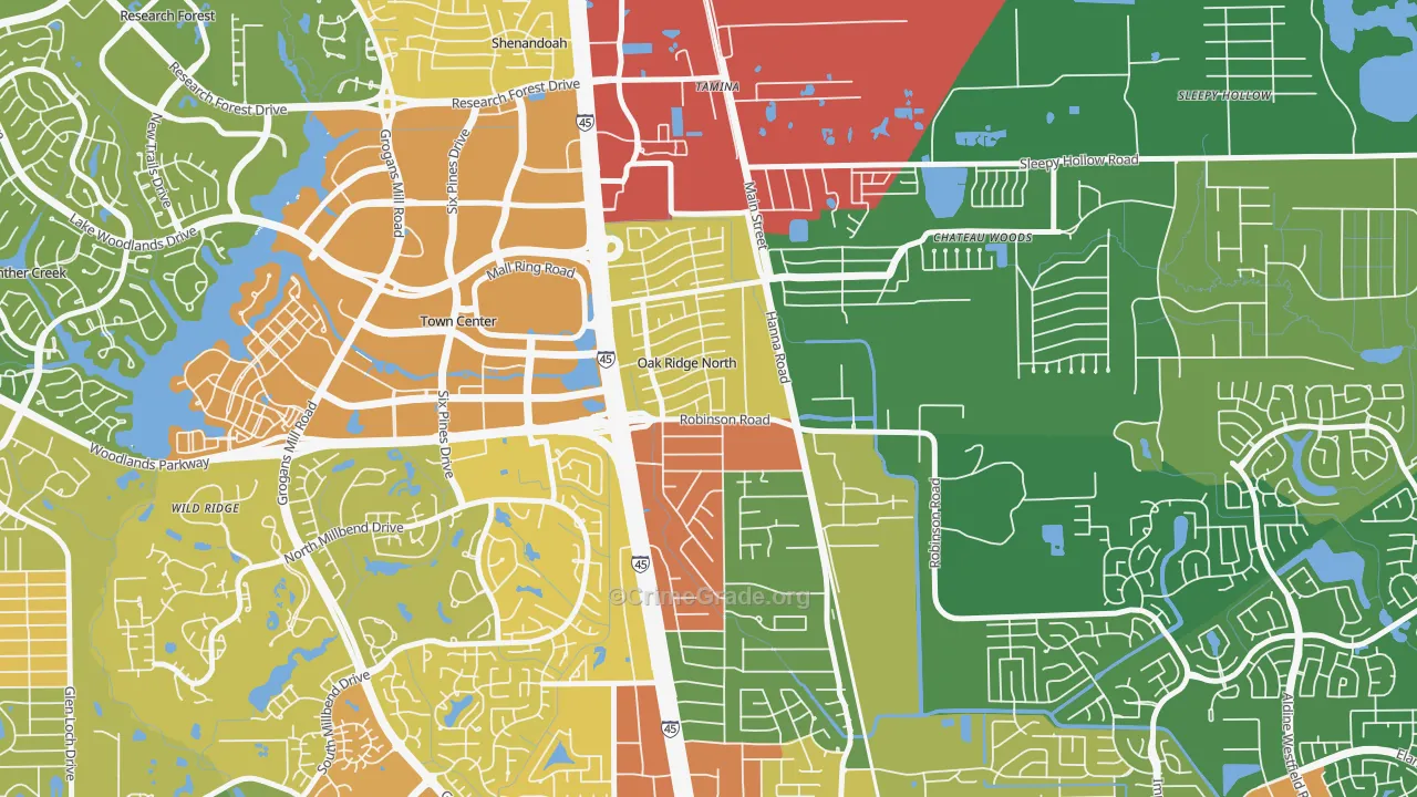 Oak Ridge North, TX Map of Robbery Rates
