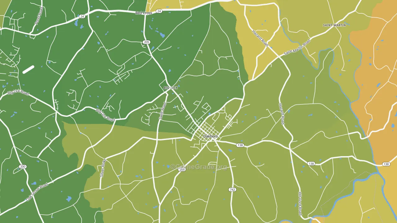 Oakboro, NC Map of Robbery Rates