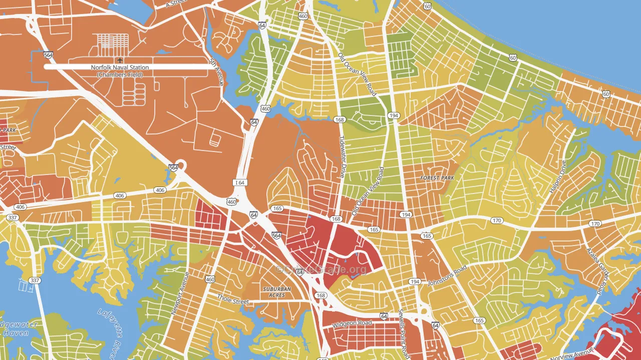 Oakdale Farms, Norfolk, VA Map of Robbery Rates