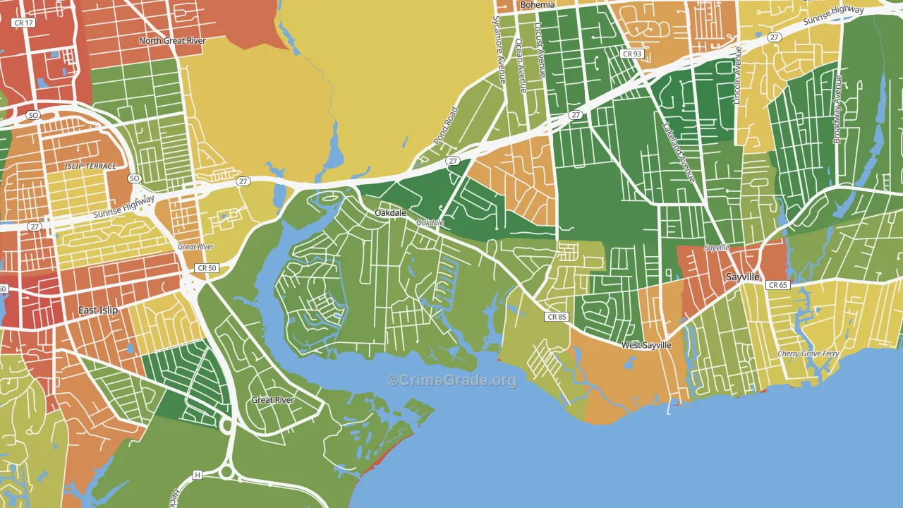 Oakdale, NY Map of Robbery Rates