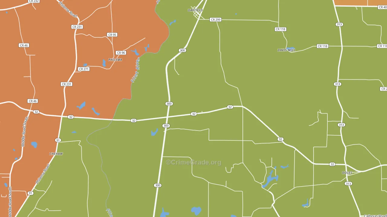 Oakfield, GA Map of Robbery Rates