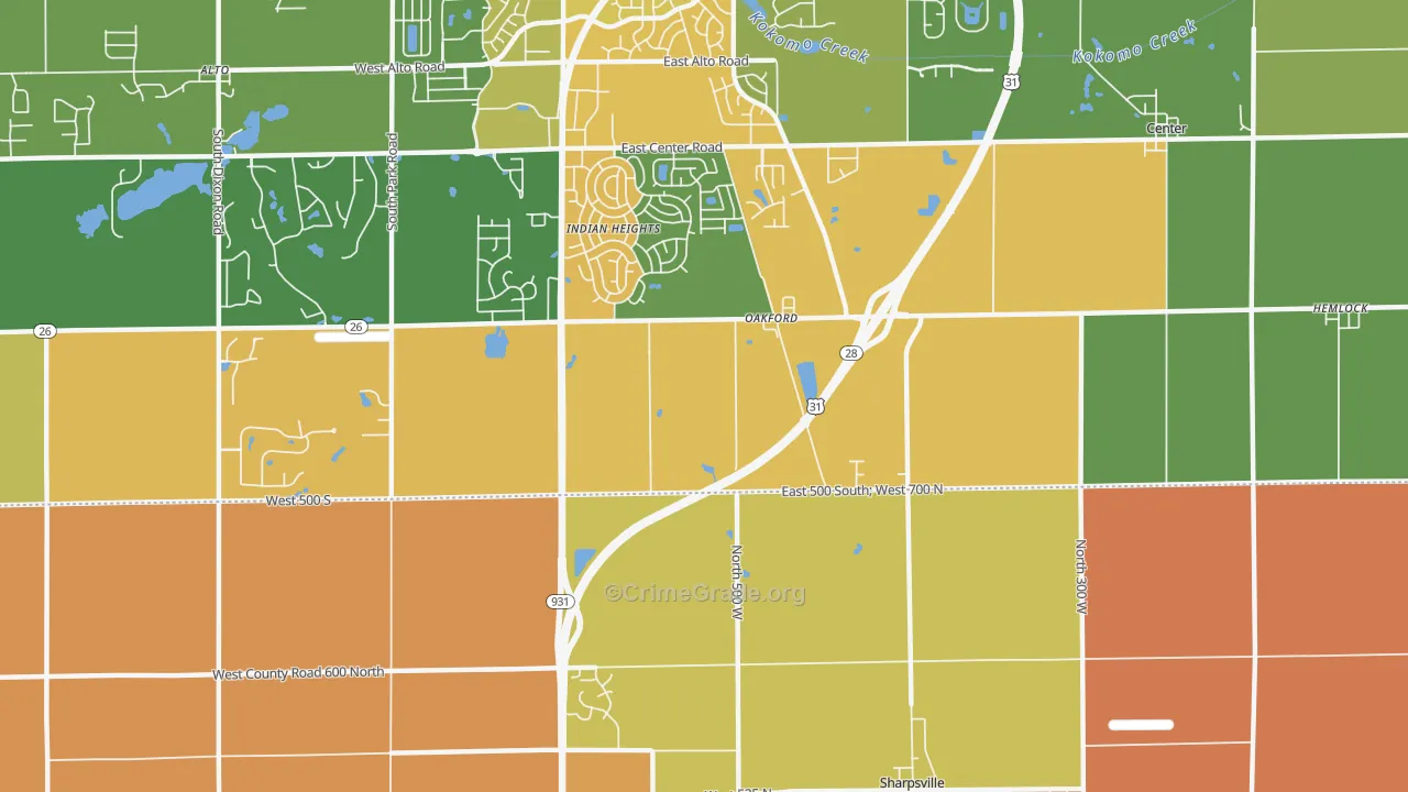 Oakford, IN Map of Robbery Rates