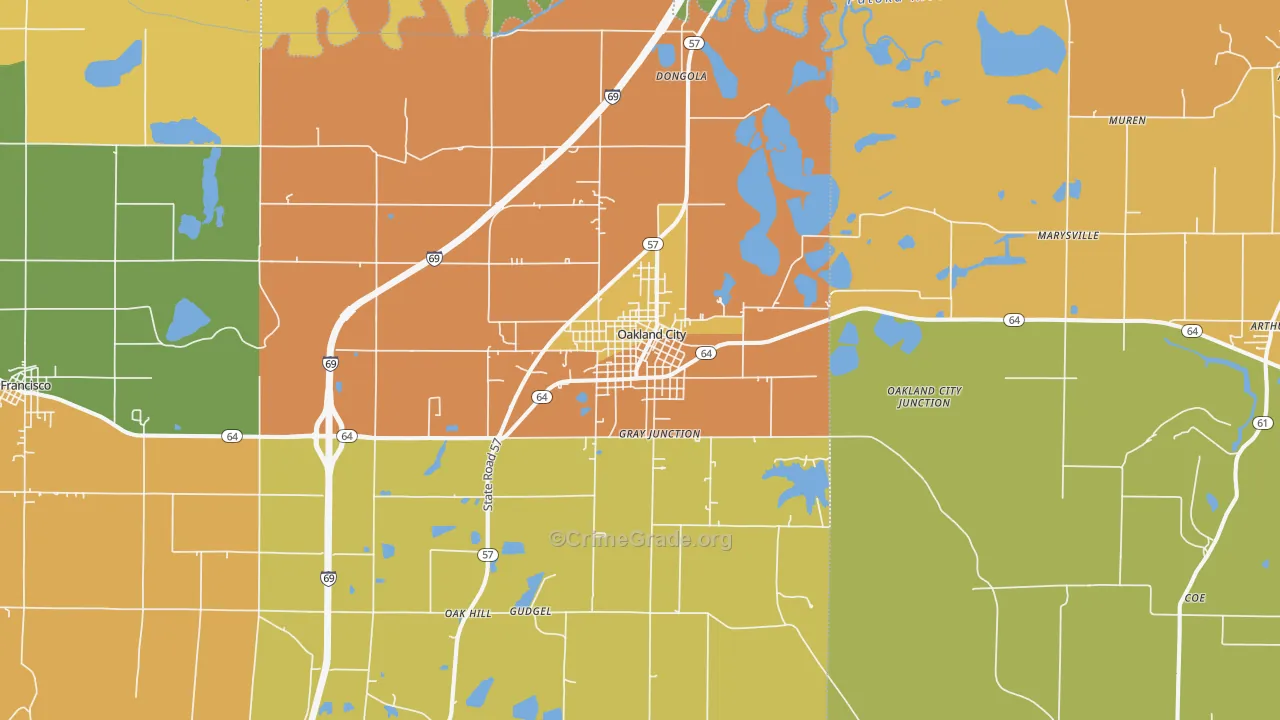 Oakland City, IN Map of Robbery Rates