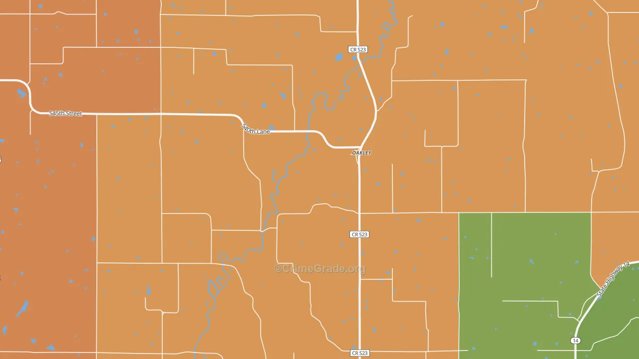 Oakley, IA Map of Robbery Rates