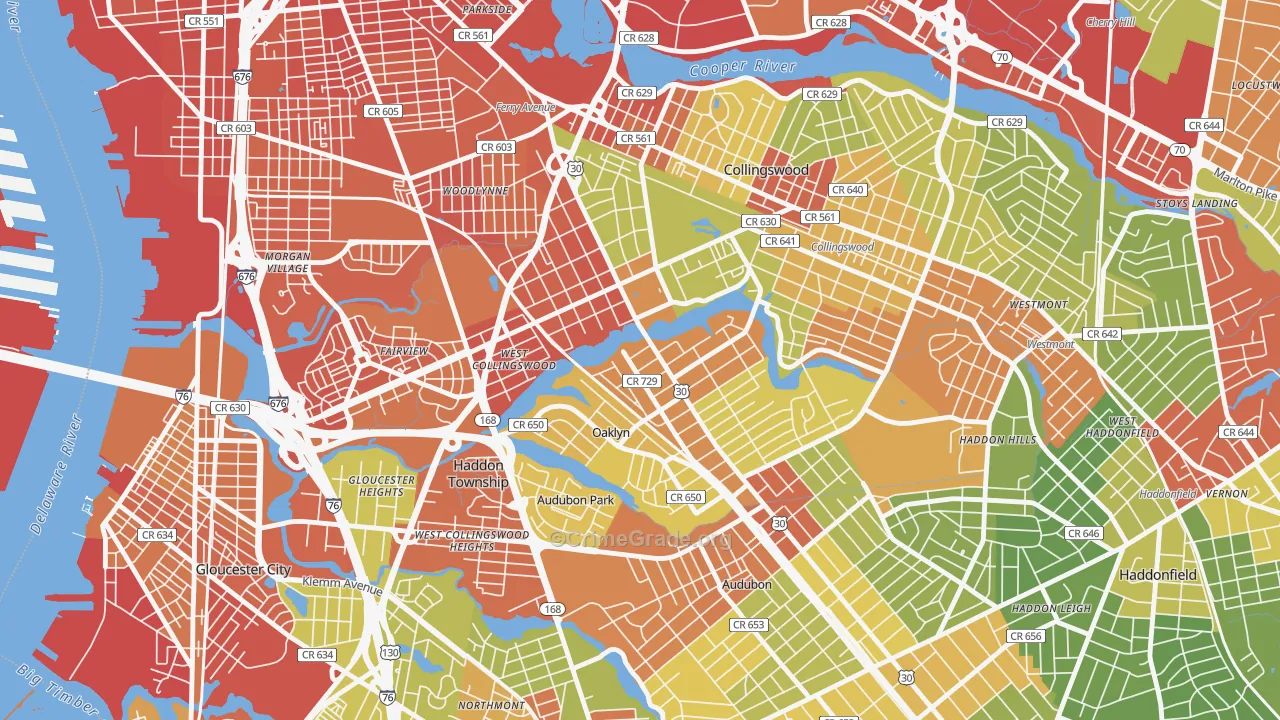 Oaklyn, NJ Map of Robbery Rates