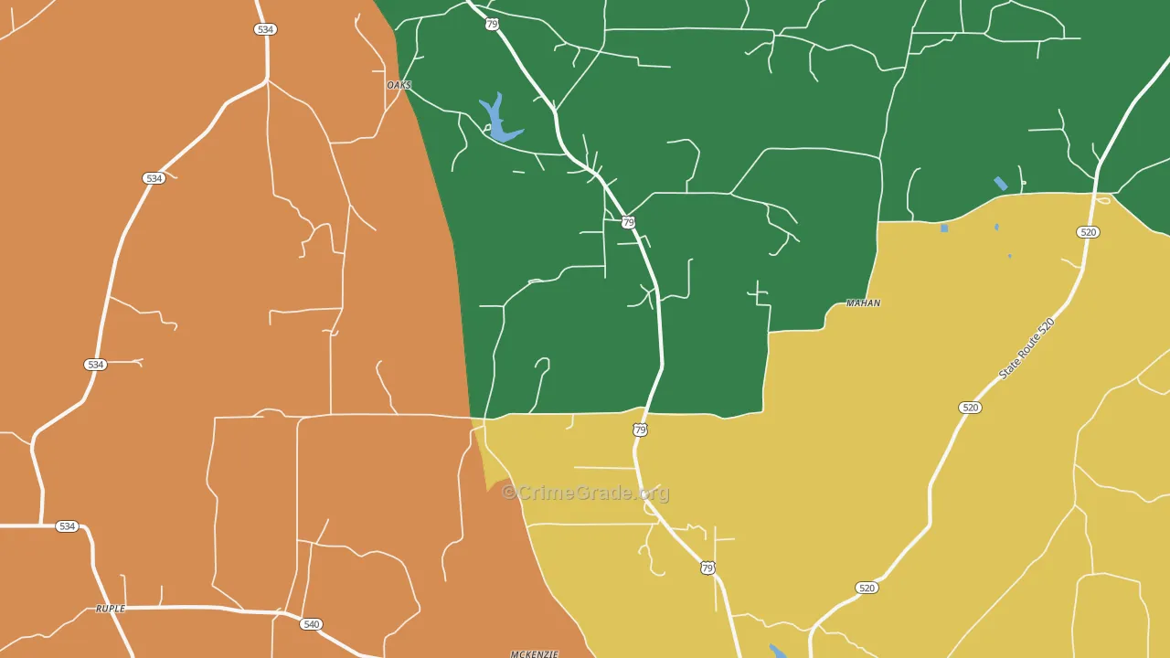 Oaks, LA Map of Robbery Rates