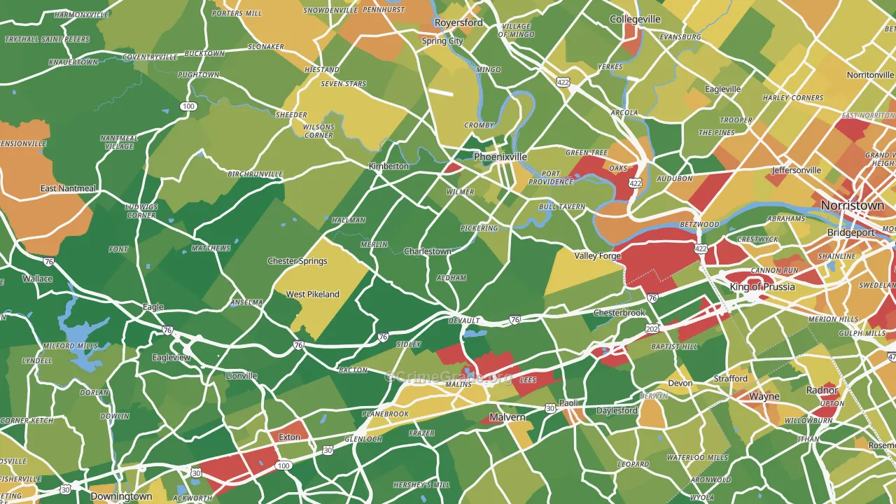 Oaks, PA Map of Robbery Rates
