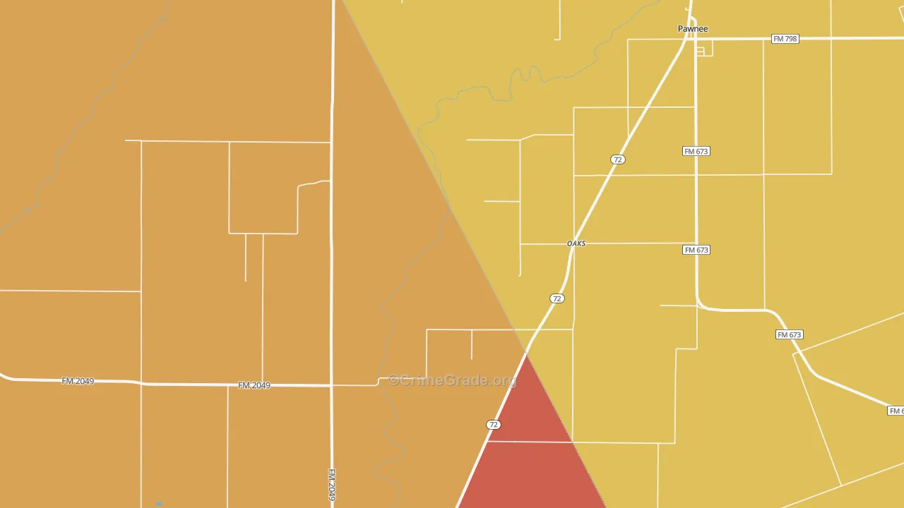 Oaks, TX Map of Robbery Rates
