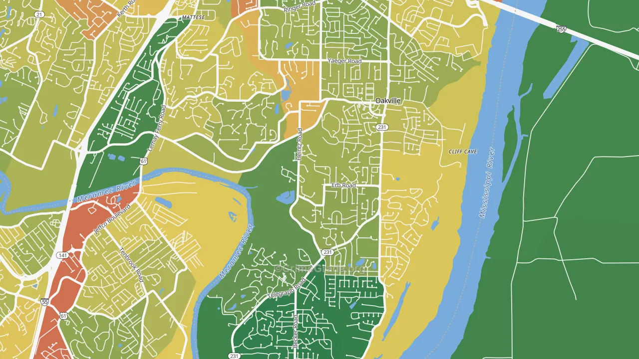 Oakville, MO Map of Robbery Rates