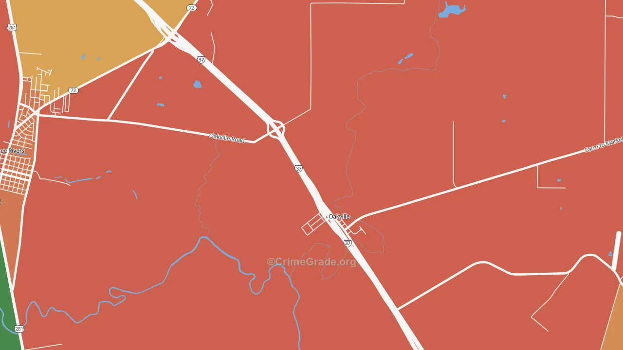Oakville, TX Map of Robbery Rates