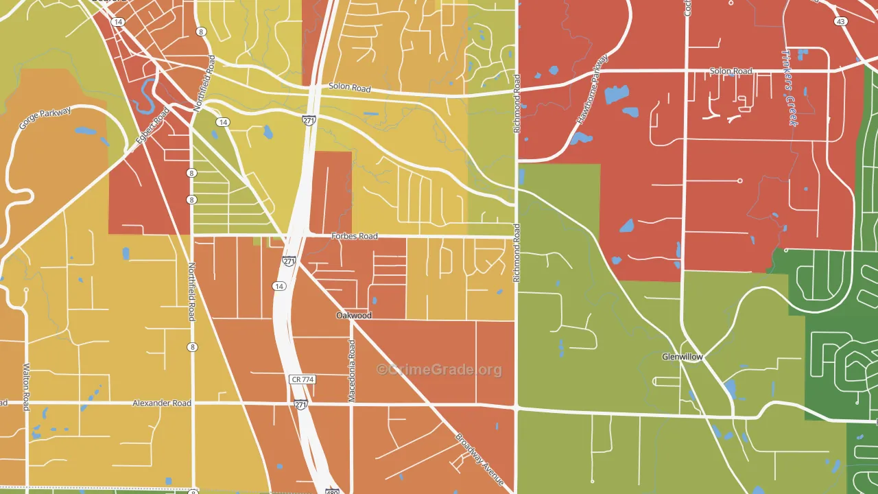 oakwood, Bedford, OH Map of Robbery Rates