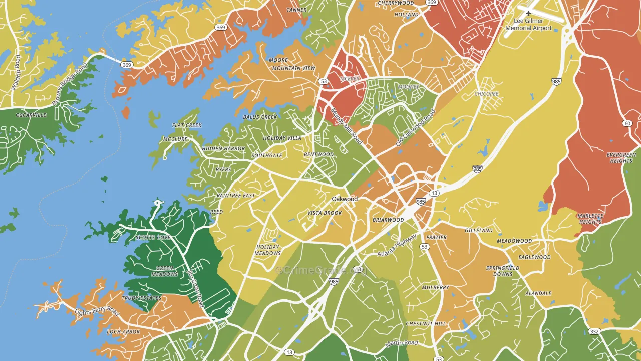 Oakwood, GA Map of Robbery Rates