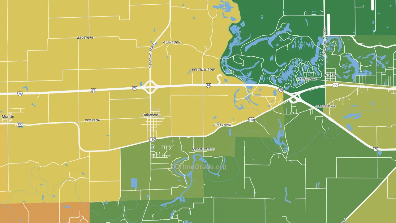 Oakwood, IL Map of Robbery Rates