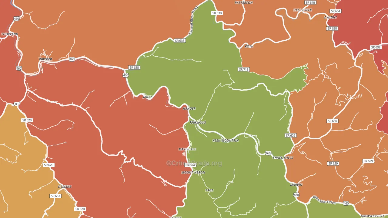 Oakwood, VA Map of Robbery Rates