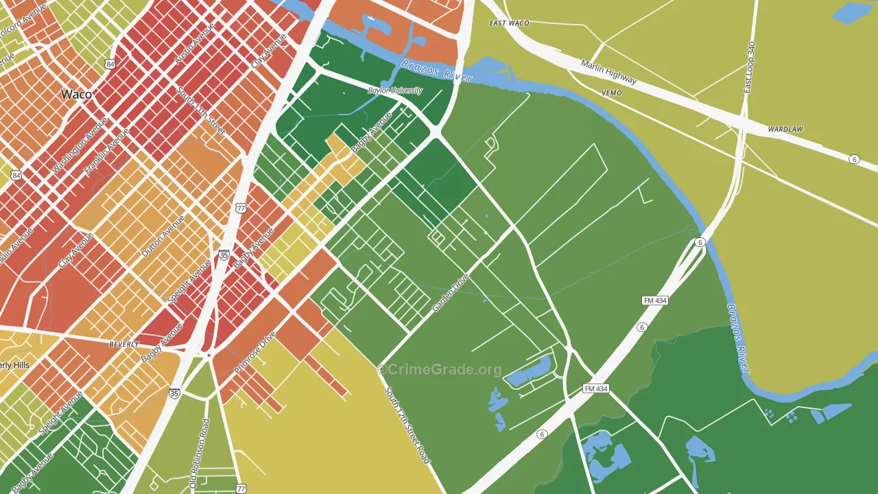 Oakwood, Waco, TX Map of Robbery Rates