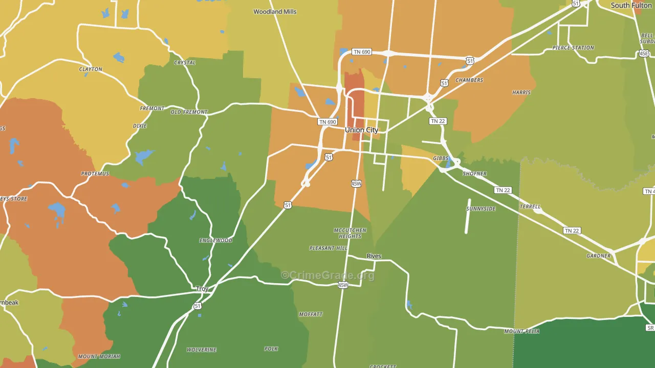 Obion County, TN Map of Robbery Rates
