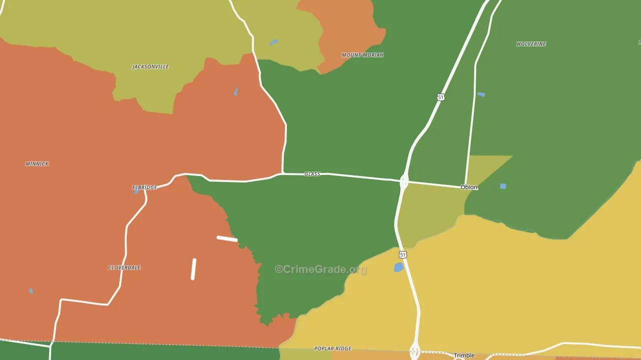 Obion, TN Map of Robbery Rates