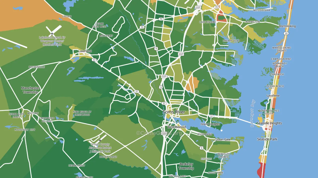 Ocean County, NJ Map of Robbery Rates