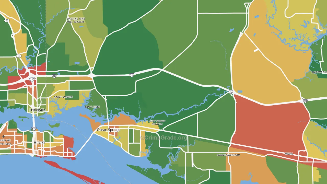Ocean Springs, MS Map of Robbery Rates