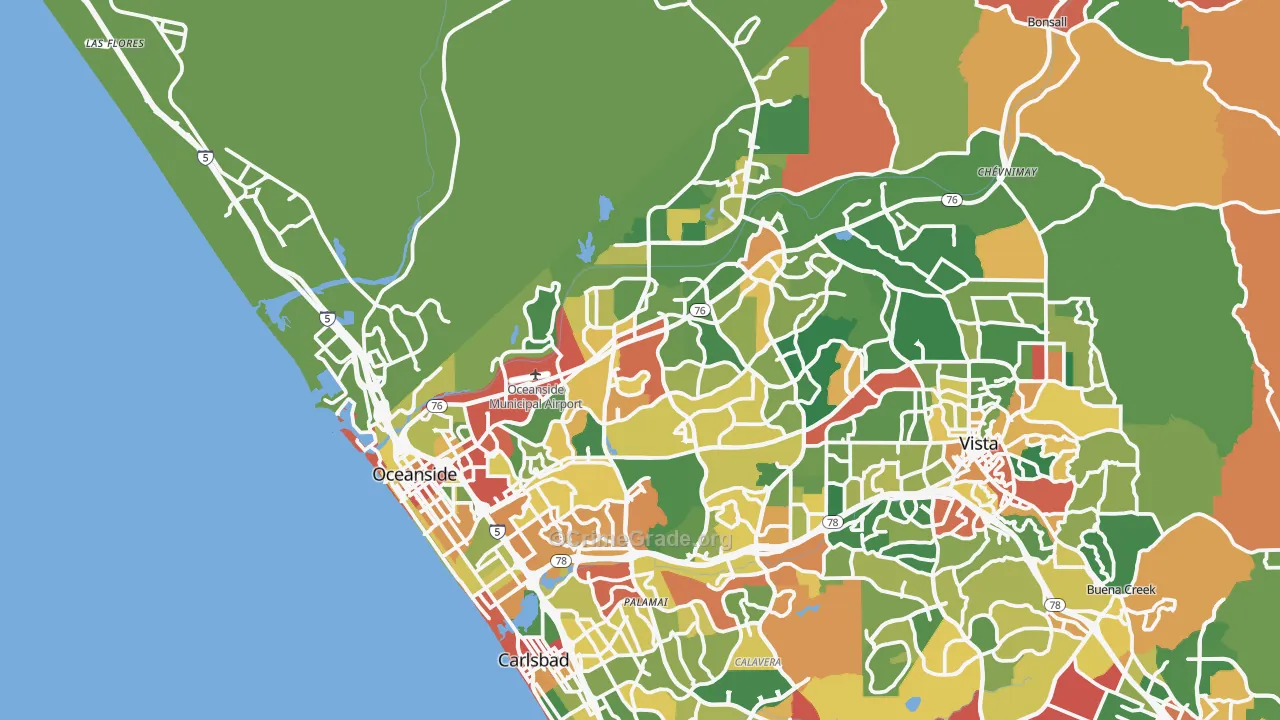 Oceanside, CA Map of Robbery Rates