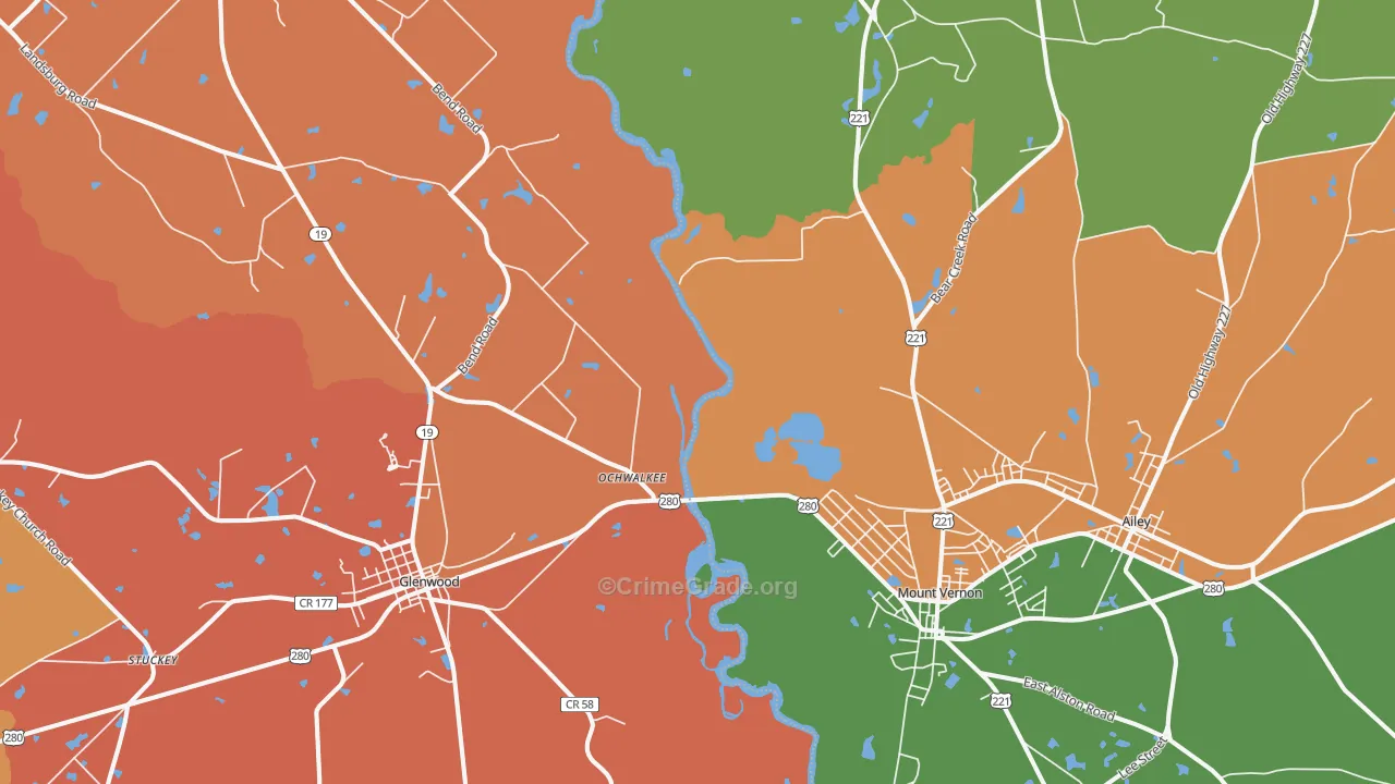 Ochwalkee, GA Map of Robbery Rates