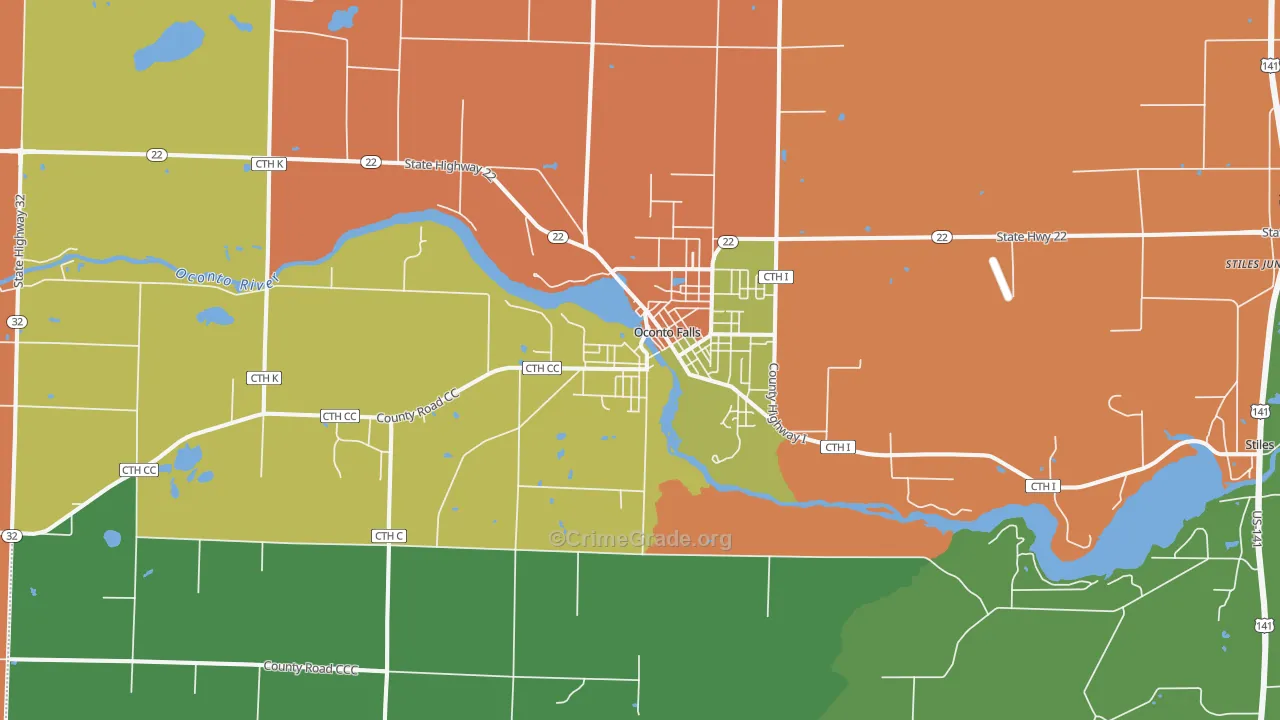 Oconto Falls, WI Map of Robbery Rates