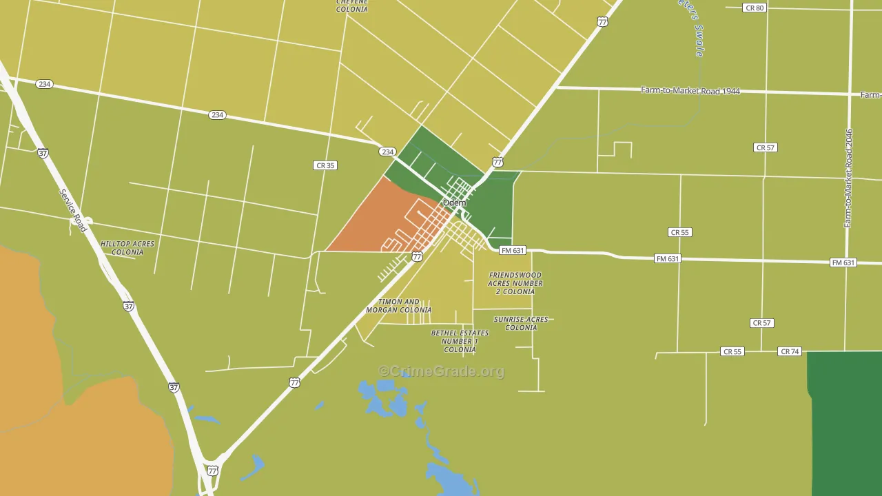 Odem, TX Map of Robbery Rates