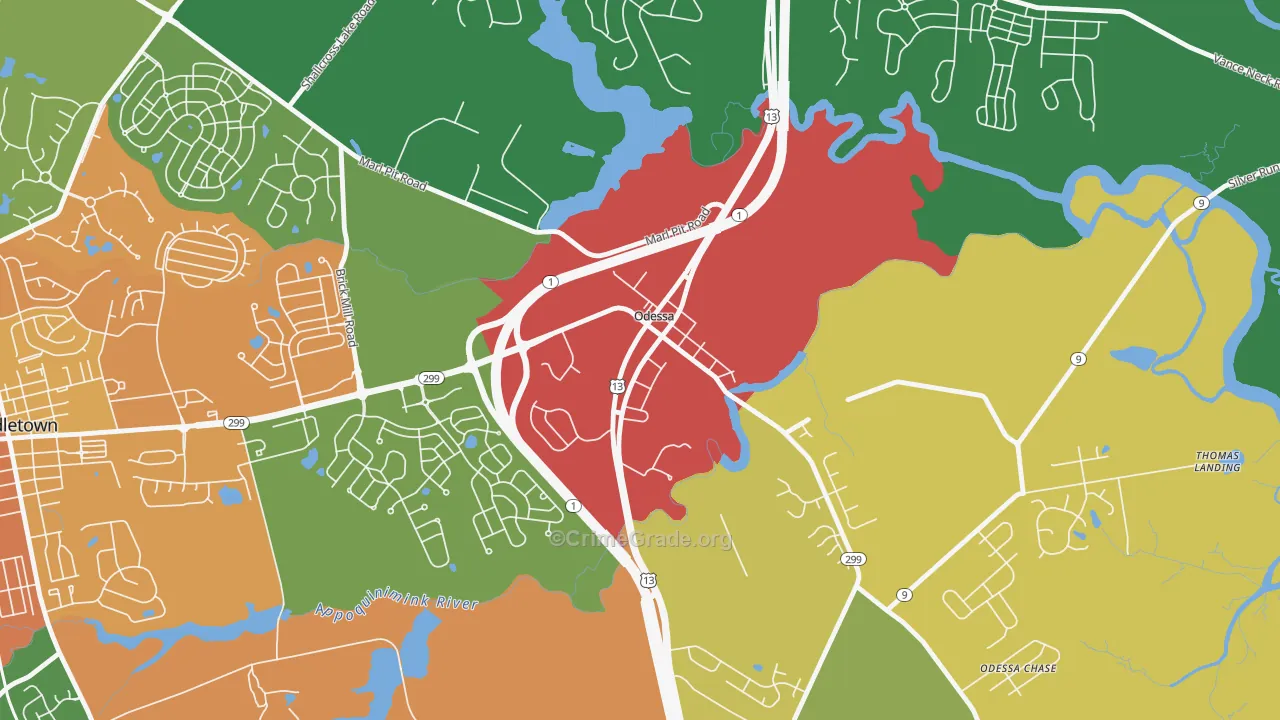 Odessa, DE Map of Robbery Rates