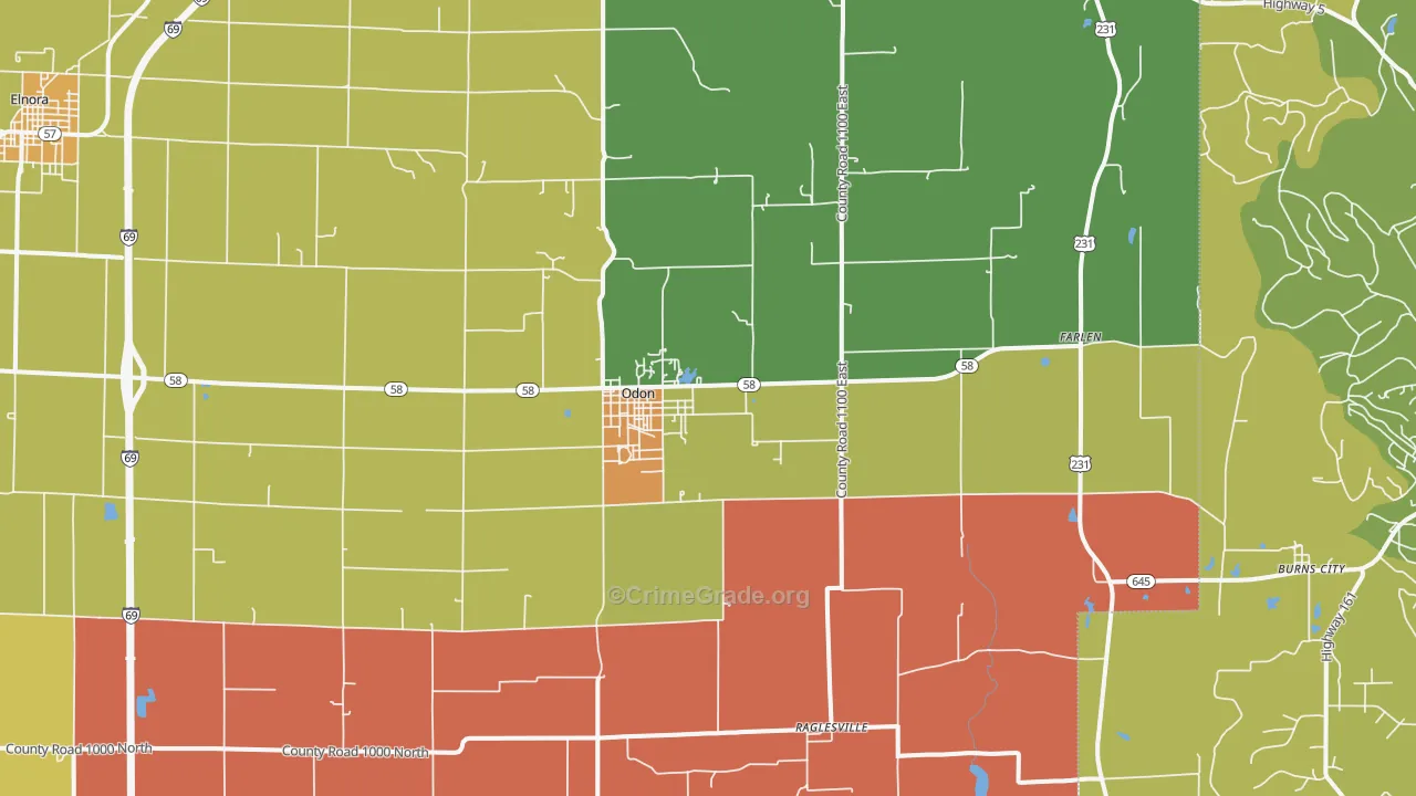 Odon, IN Map of Robbery Rates