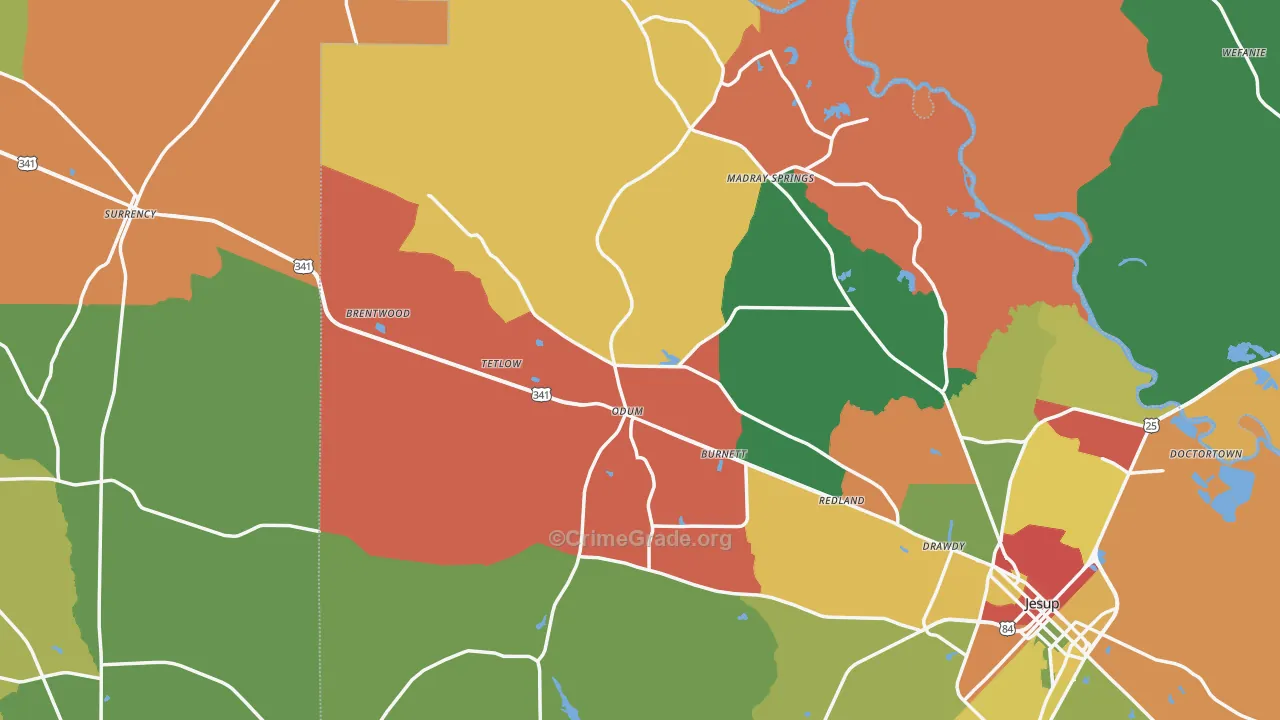 Odum, GA Map of Robbery Rates