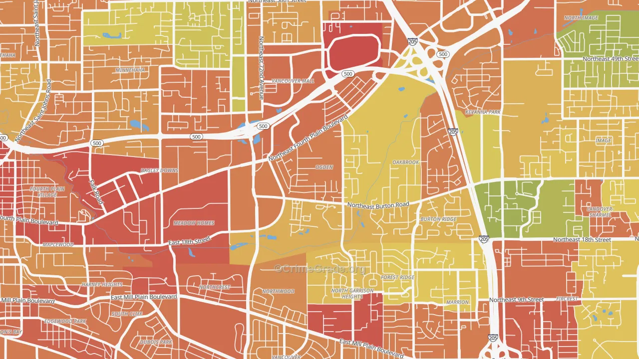 Ogden, Vancouver, WA Map of Robbery Rates