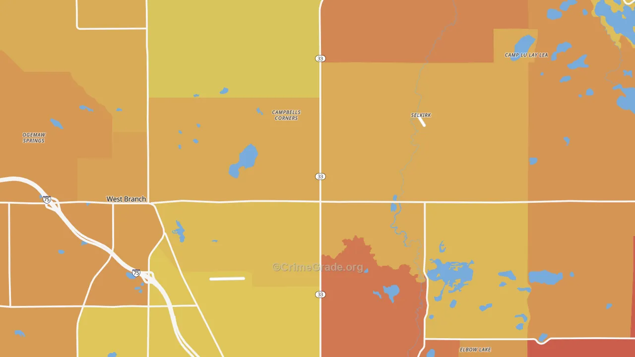 Ogemaw County, MI Map of Robbery Rates
