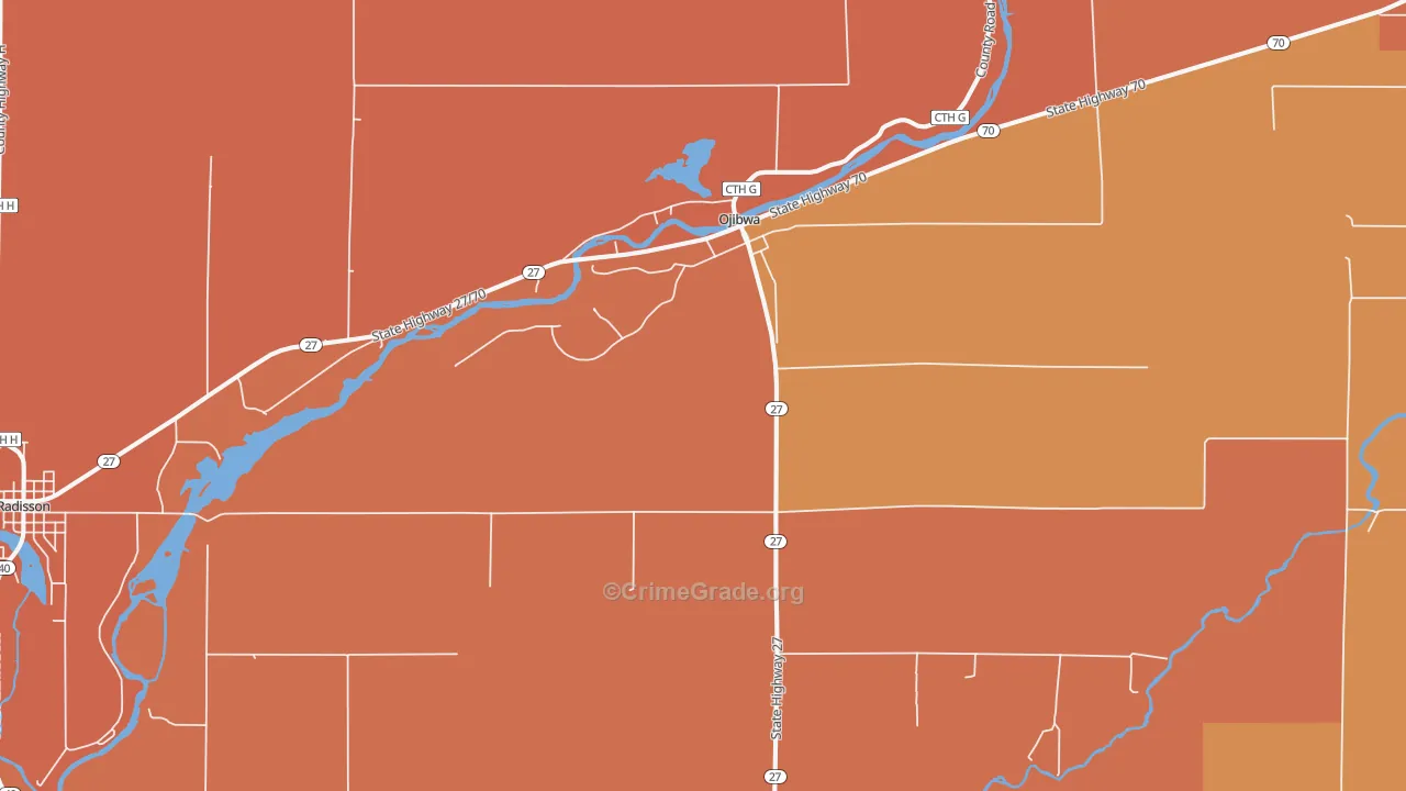 Ojibwa, WI Map of Robbery Rates