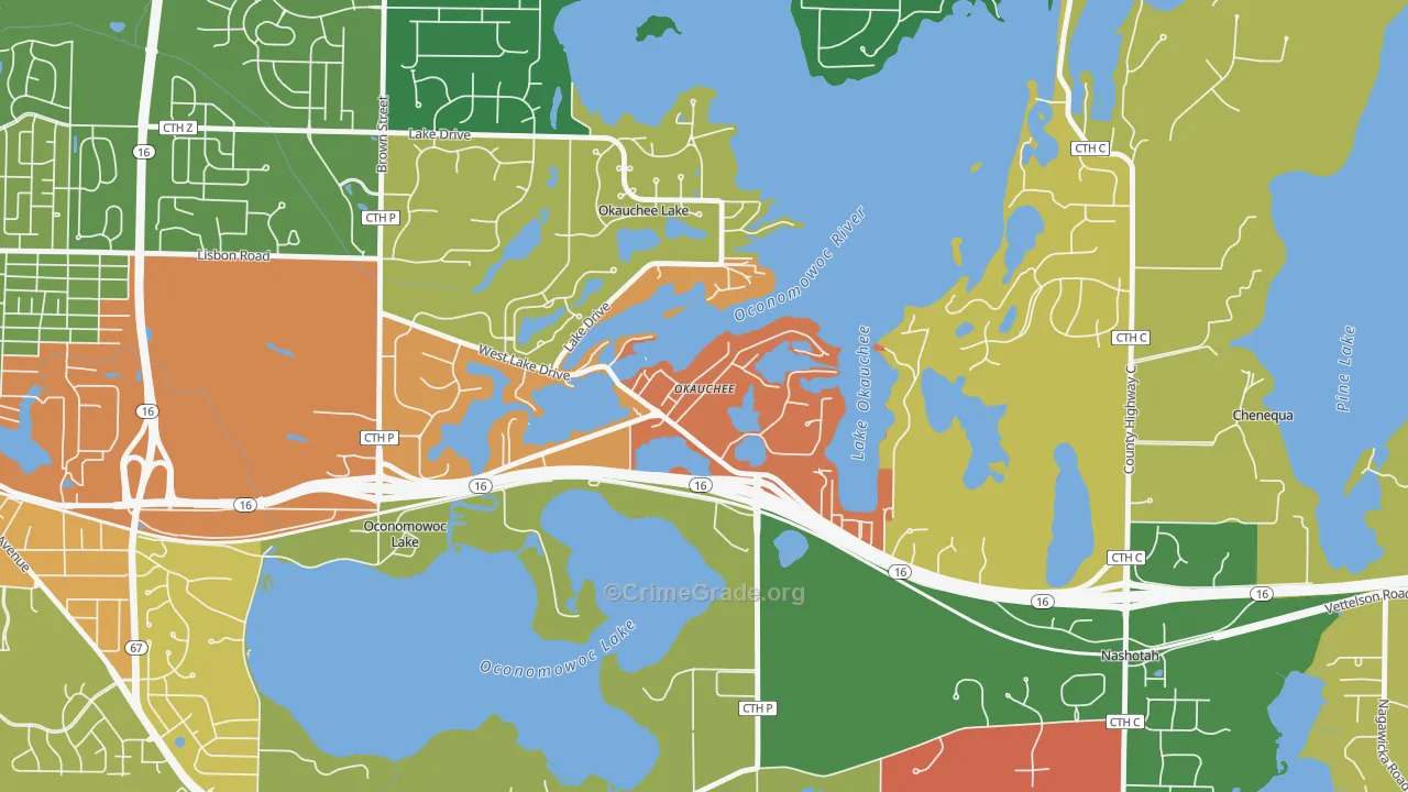 Okauchee, WI Map of Robbery Rates