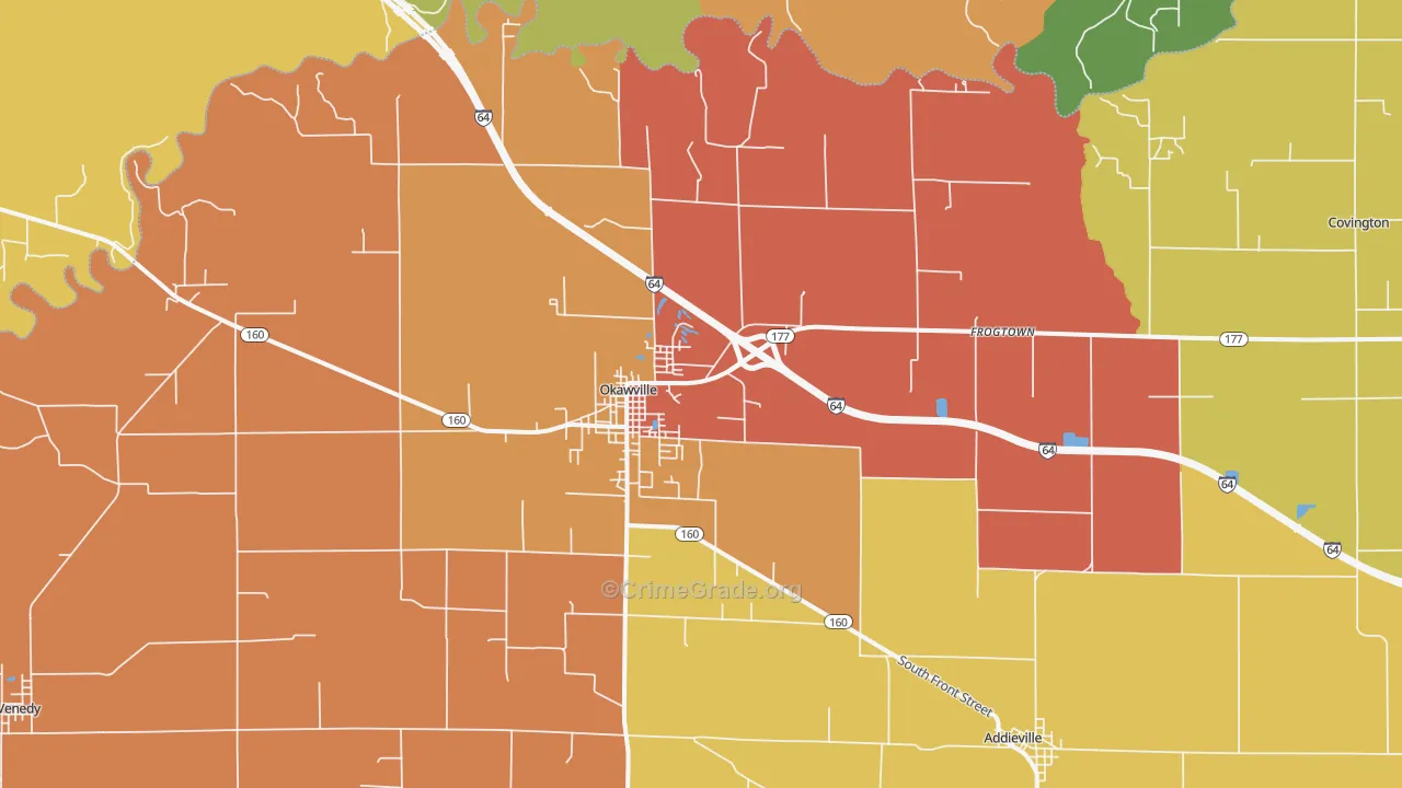 Okawville, IL Map of Robbery Rates