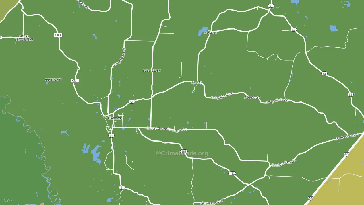 Okolona, AR Map of Robbery Rates