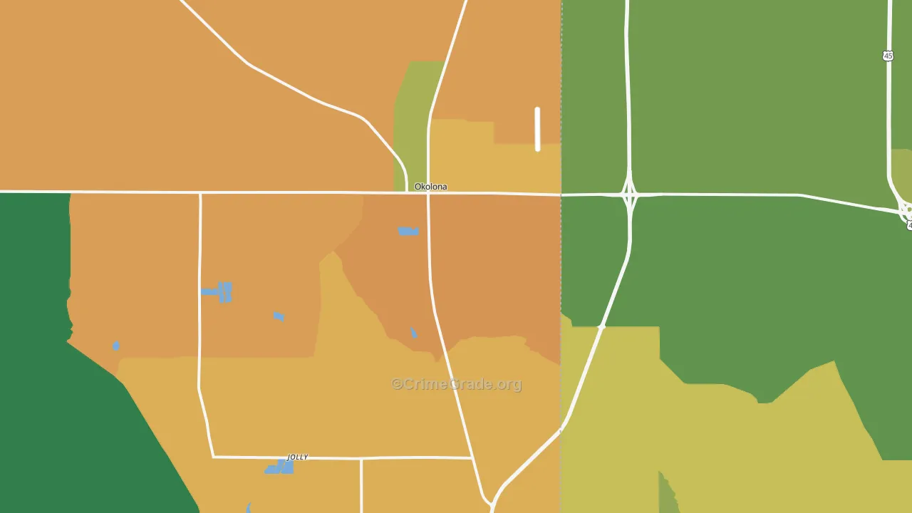 Okolona, MS Map of Robbery Rates