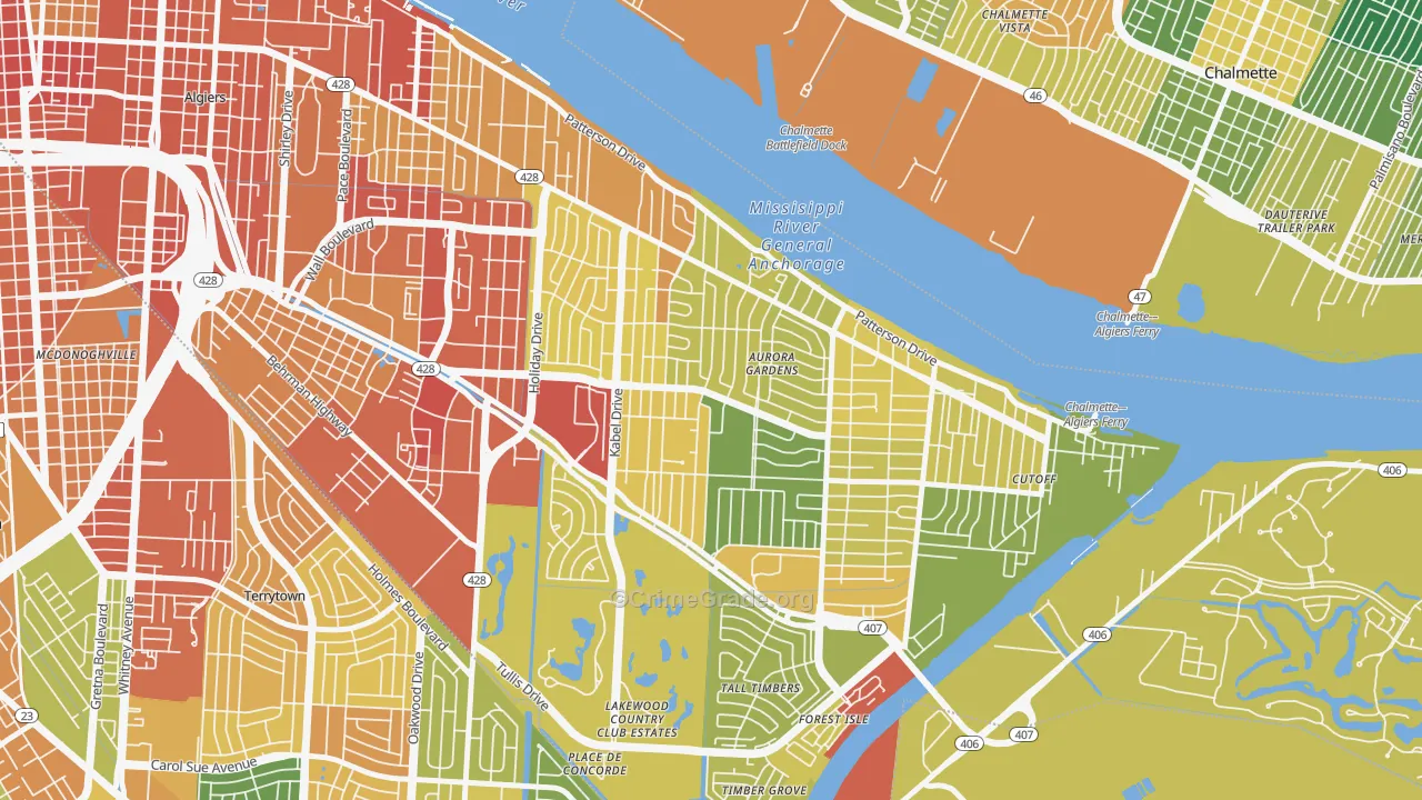 Old Aurora, New Orleans, LA Map of Robbery Rates