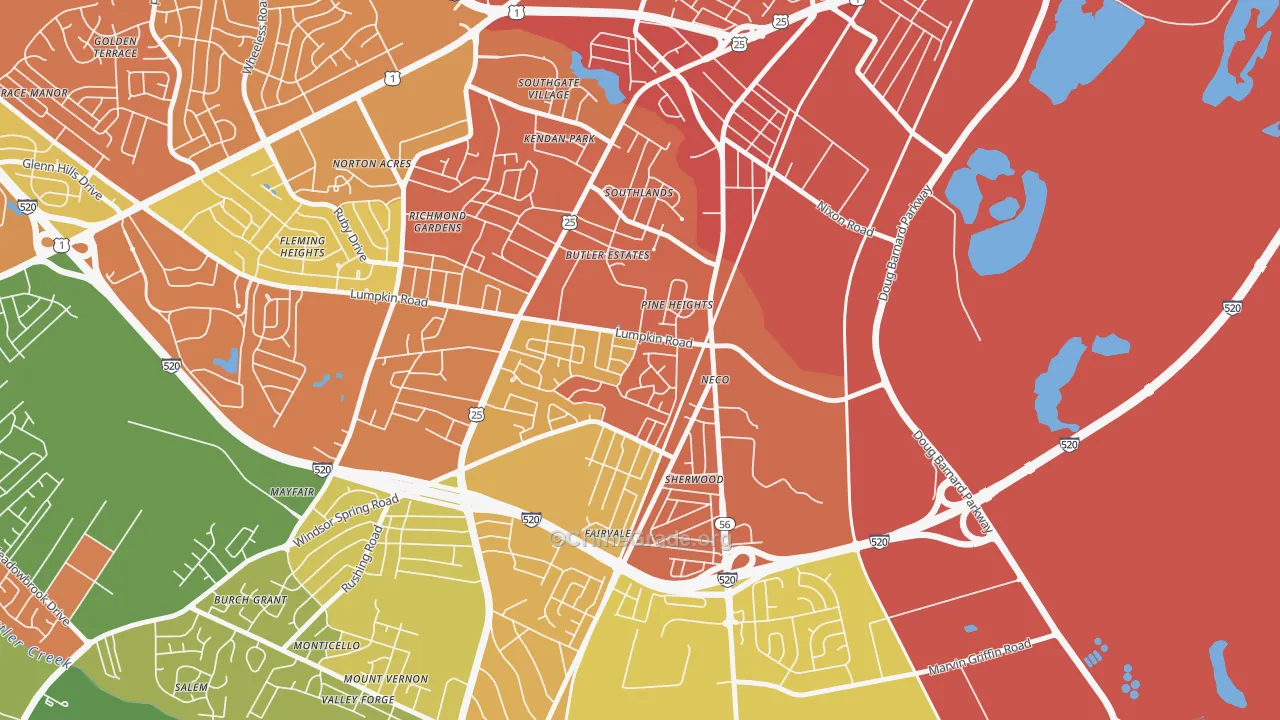 Old Savannah, Augusta, GA Map of Robbery Rates