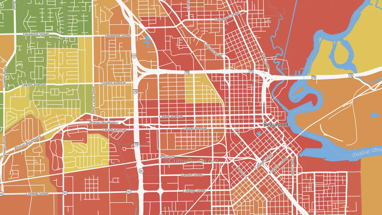 Old Town, Beaumont, TX Map of Robbery Rates