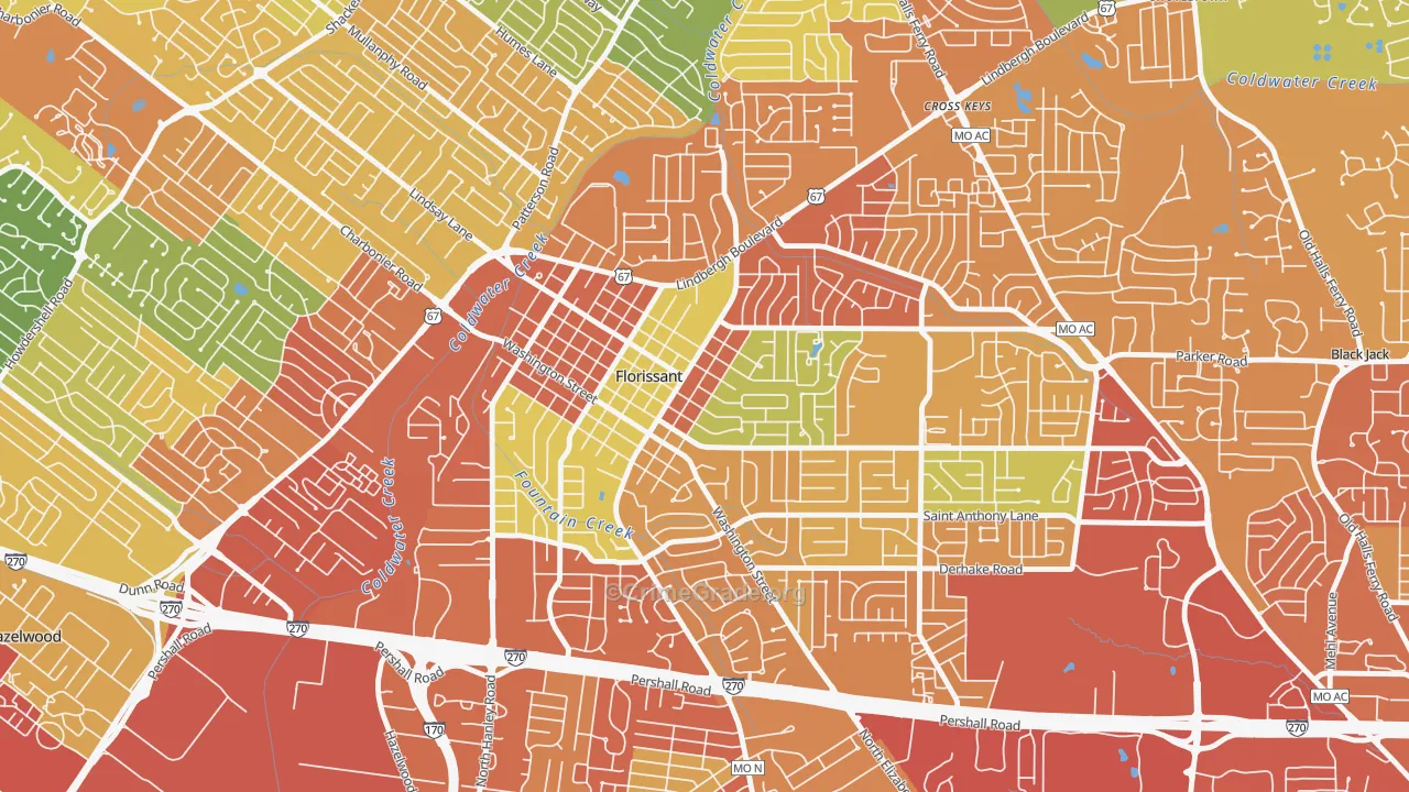 Old Town Florissant, Florissant, MO Map of Robbery Rates