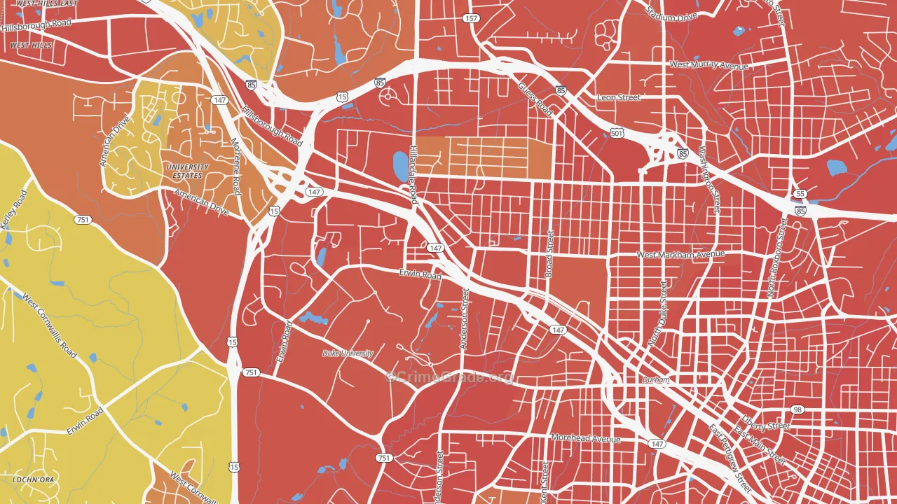 Old West Durham, Durham, NC Map of Robbery Rates