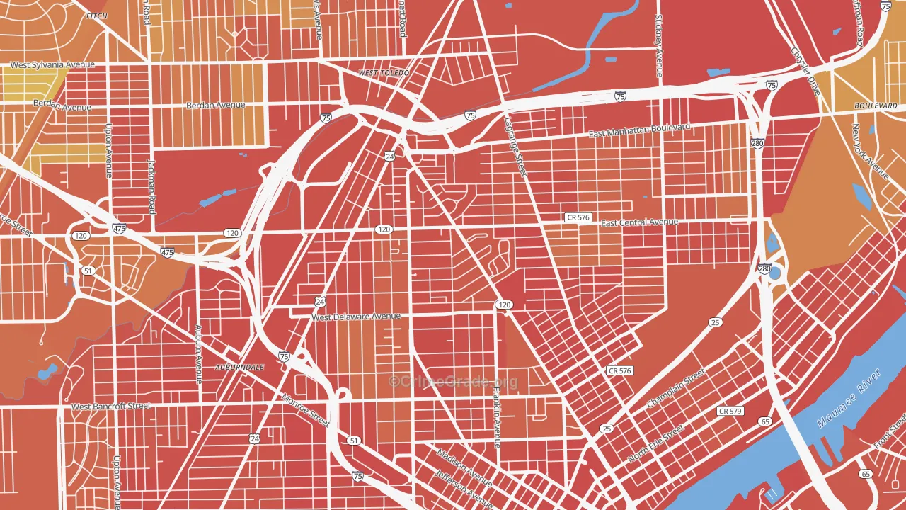 Olde Towne, Toledo, OH Map of Robbery Rates