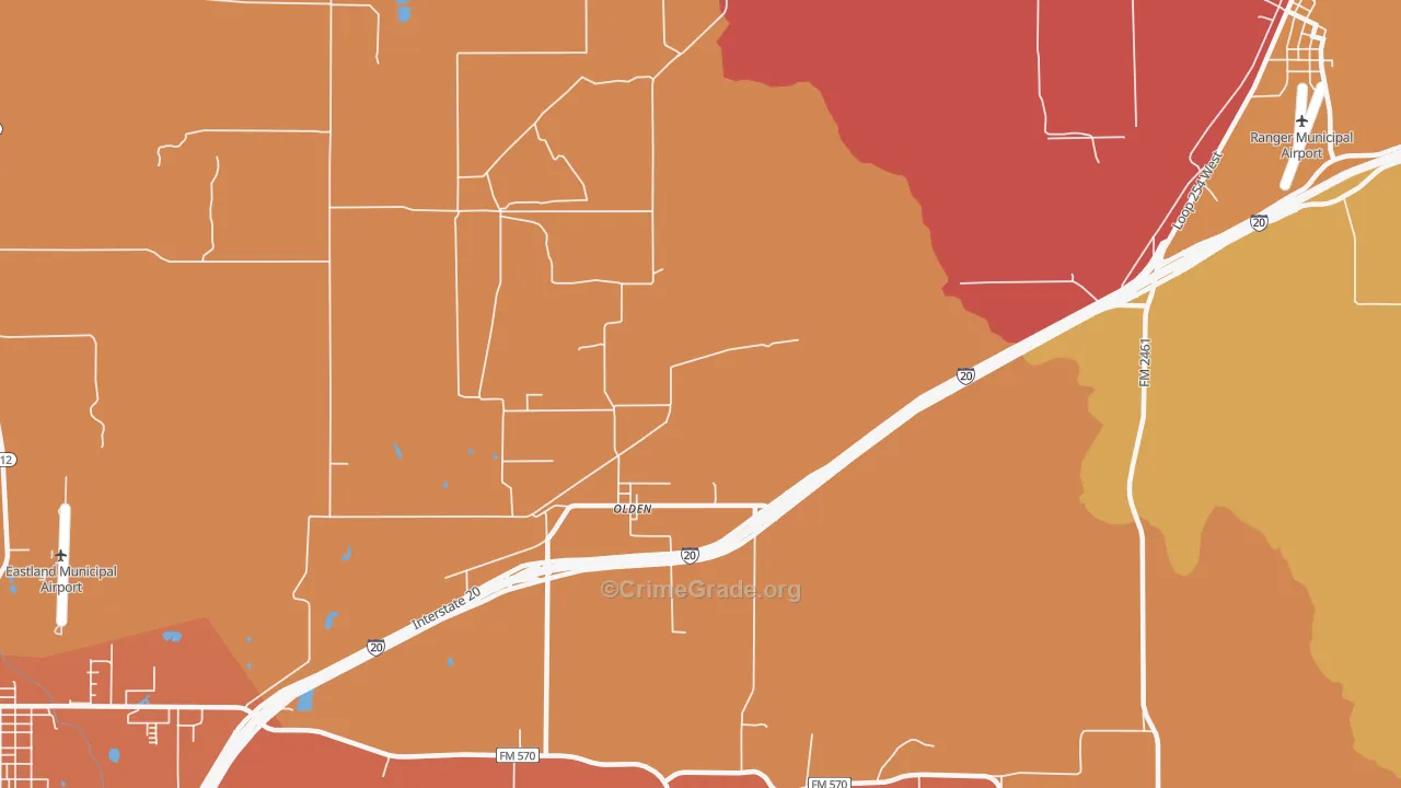 Olden, TX Map of Robbery Rates