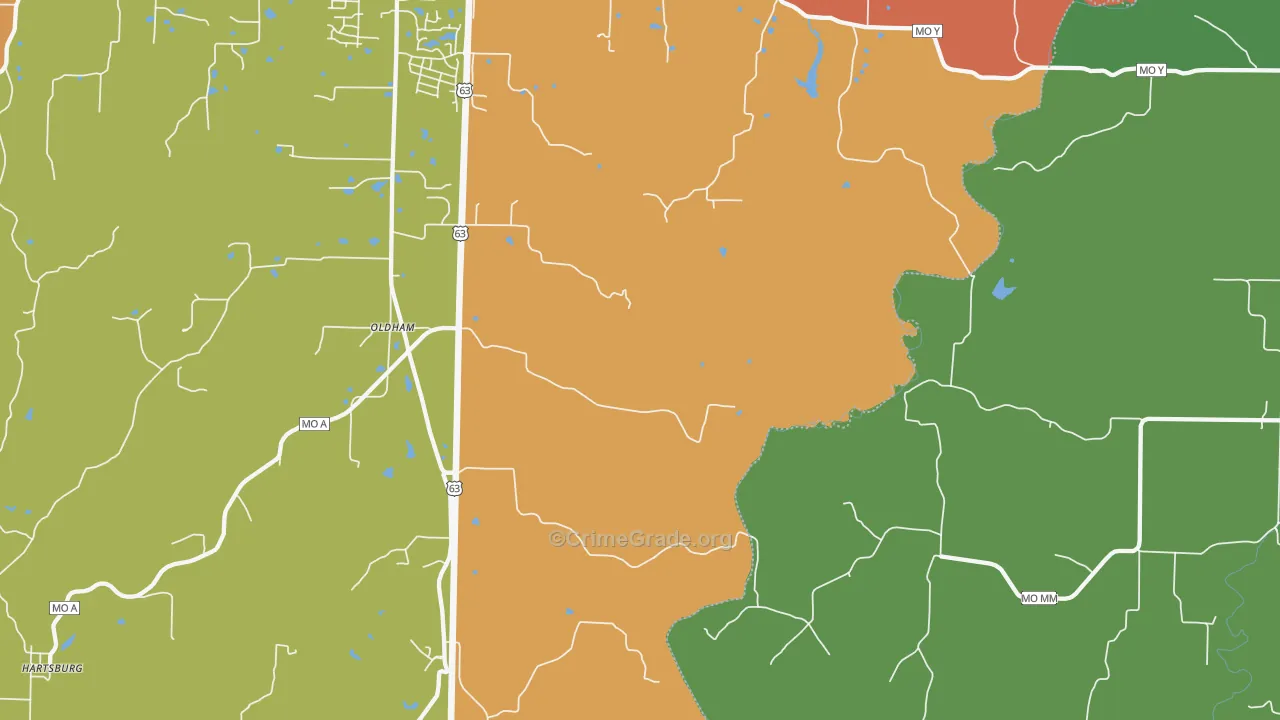 Oldham, MO Map of Robbery Rates