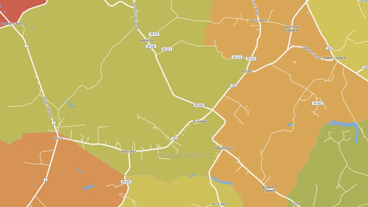 Oldhams, VA Map of Robbery Rates